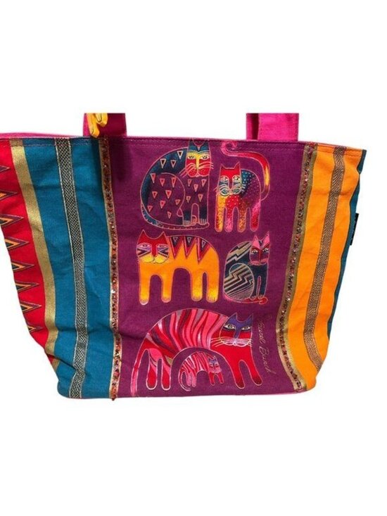 Laurel Burch Handbags - Laurel Burch Cat Geometric Large Shoulder Tote Bag Beaded Inner Pockets EUC